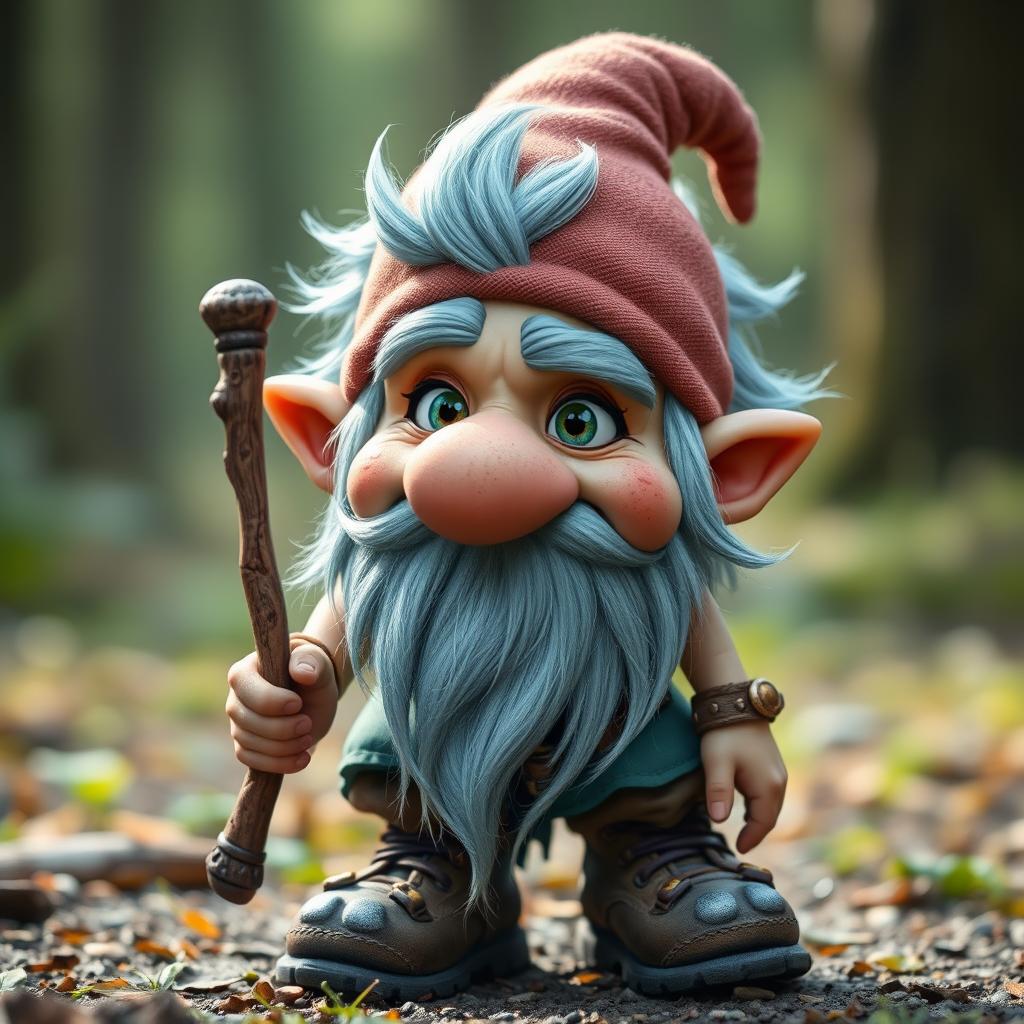 A mischievous forest gnome with icy blue hair and sideburns, looking around 30 years old, sporting a rascal-like expression