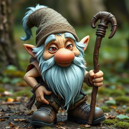 A mischievous forest gnome with icy blue hair and sideburns, looking around 30 years old, sporting a rascal-like expression