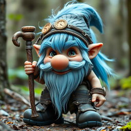 A mischievous forest gnome with icy blue hair and sideburns, looking around 30 years old, sporting a rascal-like expression