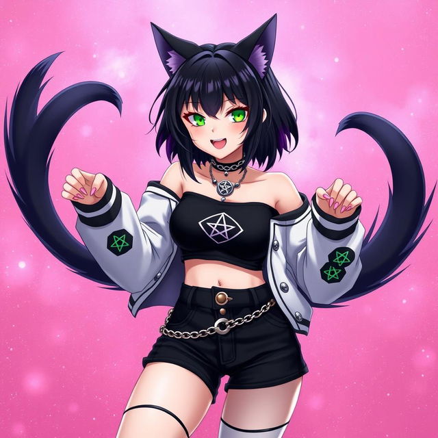 Anime style 27-year-old girl with cat ears, two black cat tails, black hair with purple highlights, glowing bright green cat eyes, and pink cat-like claws for nails, floating in a pink galaxy