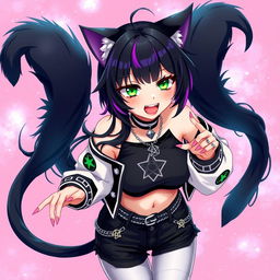 Anime style 27-year-old girl with cat ears, two black cat tails, black hair with purple highlights, glowing bright green cat eyes, and pink cat-like claws for nails, floating in a pink galaxy