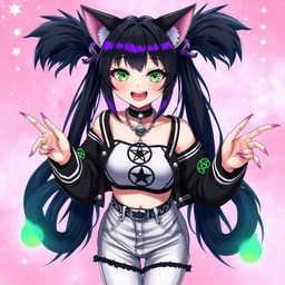 Anime style 27-year-old girl with cat ears, two black cat tails, black hair with purple highlights, glowing bright green cat eyes, and pink cat-like claws for nails, floating in a pink galaxy