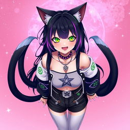 Anime style 27-year-old girl with cat ears, two black cat tails, black hair with purple highlights, glowing bright green cat eyes, and pink cat-like claws for nails, floating in a pink galaxy