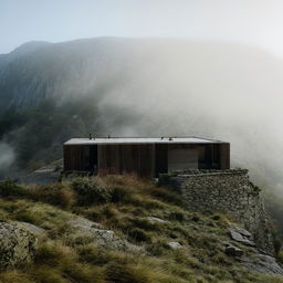 An isolated house situated high on a mist-shrouded mountain, surrounded by rugged natural beauty.