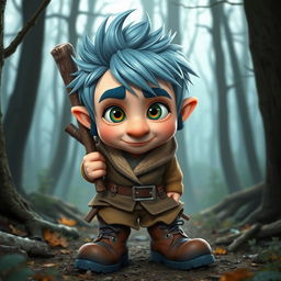 A mischievous short man in a forest setting with icy blue hair and sideburns, appearing about 30 years old, with a rascal-like expression