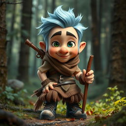 A mischievous short man in a forest setting with icy blue hair and sideburns, appearing about 30 years old, with a rascal-like expression