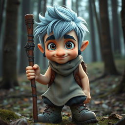 A mischievous short man in a forest setting with icy blue hair and sideburns, appearing about 30 years old, with a rascal-like expression