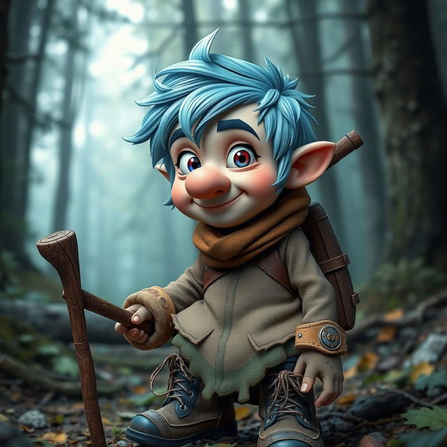 A mischievous short man in a forest setting with icy blue hair and sideburns, appearing about 30 years old, with a rascal-like expression