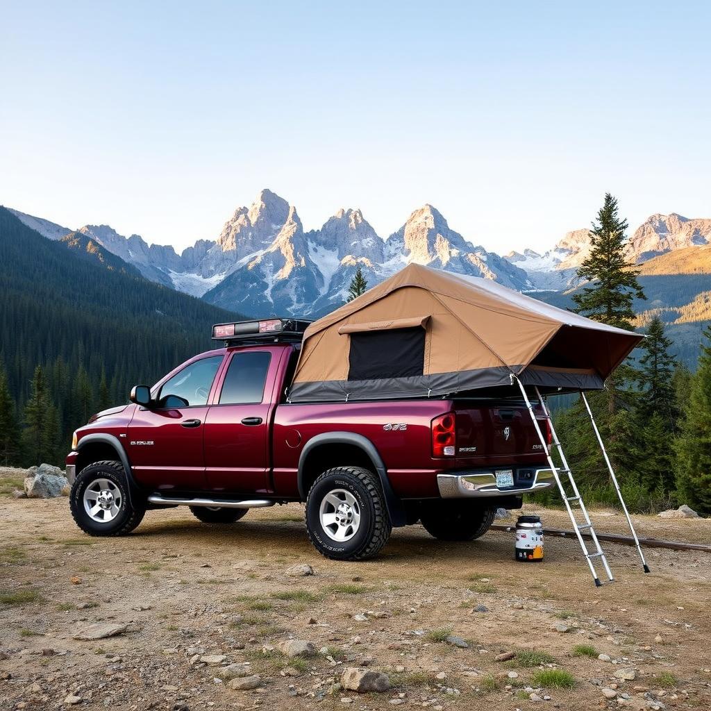 2006 maroon Dodge Ram truck with a truck bed tent set up, parked on a mountain campsite