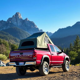 2006 maroon Dodge Ram truck with a truck bed tent set up, parked on a mountain campsite