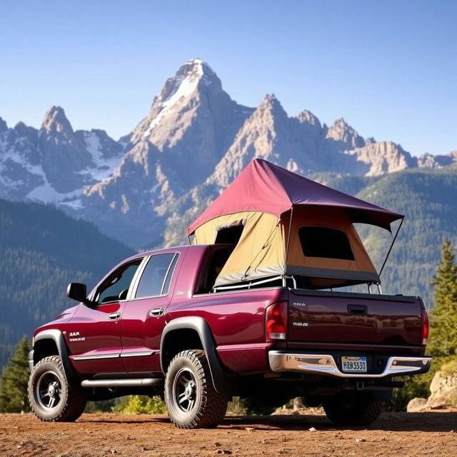 2006 maroon Dodge Ram truck with a truck bed tent set up, parked on a mountain campsite