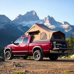 2006 maroon Dodge Ram truck with a truck bed tent set up, parked on a mountain campsite