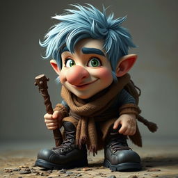 A mischievous short man with icy blue hair and big sideburns, appearing around 30 years old, with a rascal-like expression