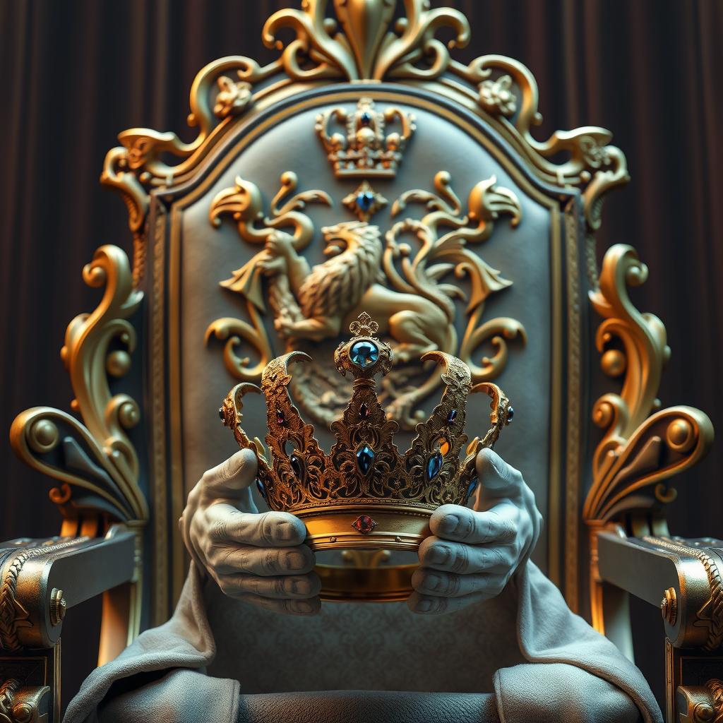 A majestic throne with an enchanting aura, featuring a golden crest of a lion and dragon intricately embedded into the backrest