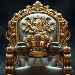 A majestic throne with an enchanting aura, featuring a golden crest of a lion and dragon intricately embedded into the backrest