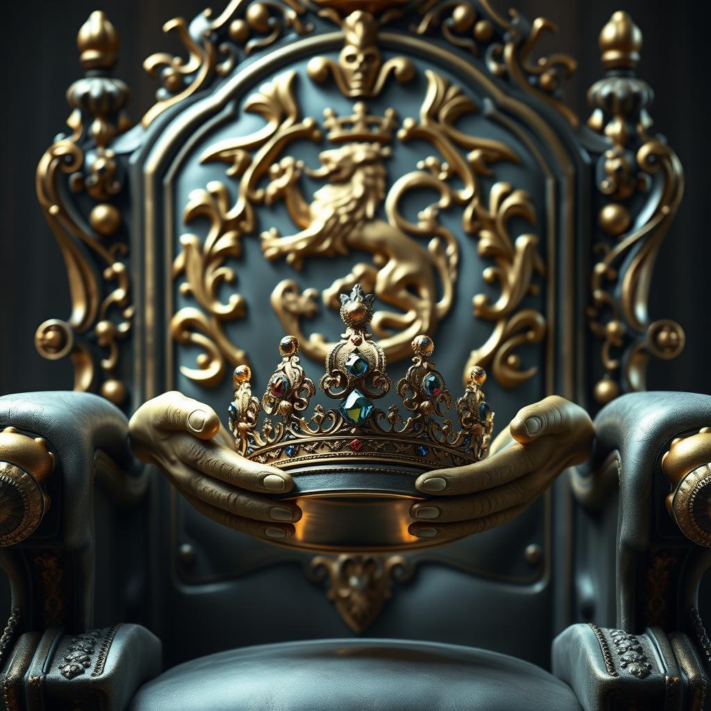 A majestic throne with an enchanting aura, featuring a golden crest of a lion and dragon intricately embedded into the backrest