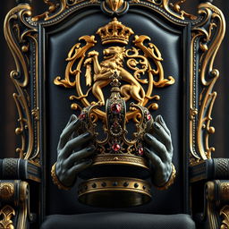 A majestic throne with an enchanting aura, featuring a golden crest of a lion and dragon intricately embedded into the backrest