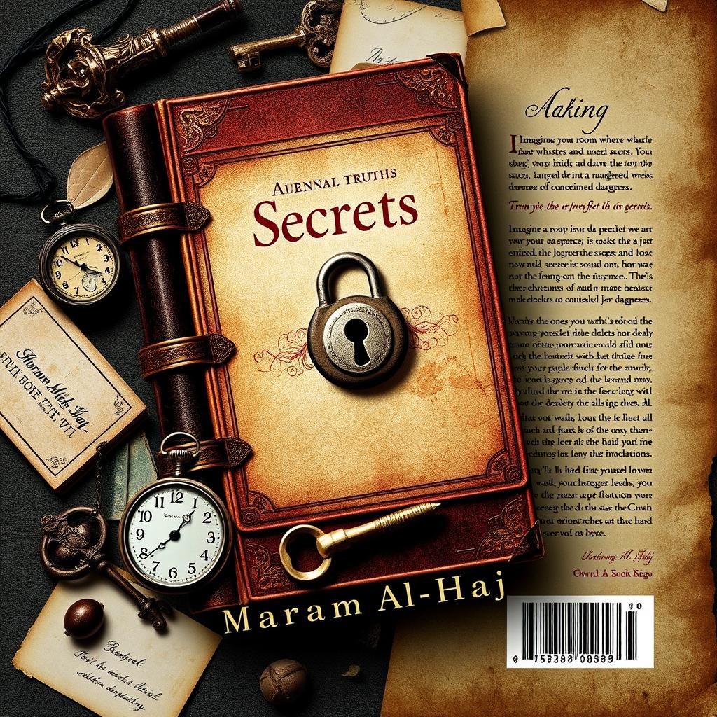 Create a novel cover design featuring a vintage journal with a lock in the center, symbolizing secrets and hidden truths