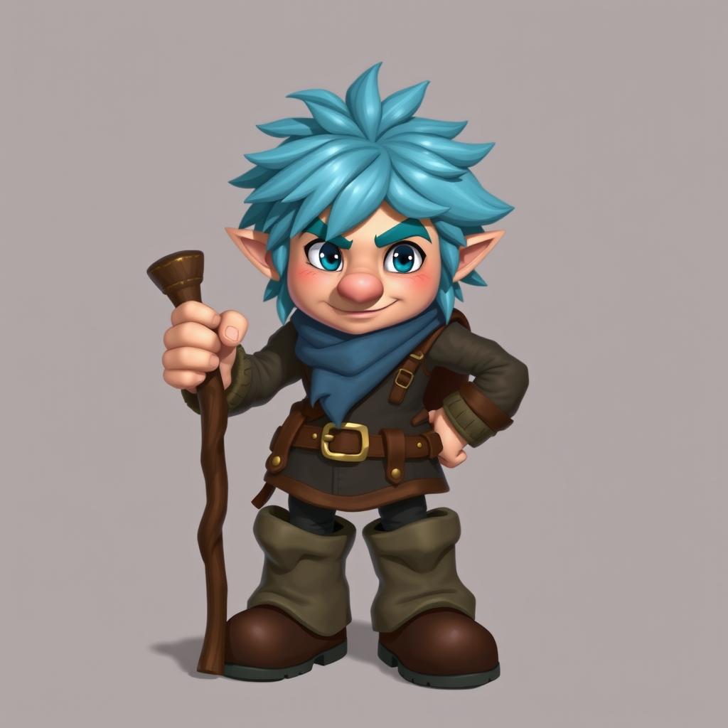 A mischievous, adventurous character reminiscent of a Dungeons and Dragons setting, with icy blue hair and big sideburns, appearing around 30 years old and with a rascal-like face