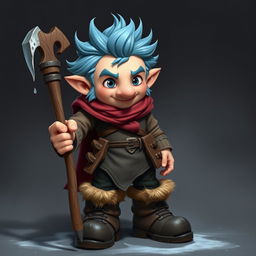 A mischievous, adventurous character reminiscent of a Dungeons and Dragons setting, with icy blue hair and big sideburns, appearing around 30 years old and with a rascal-like face