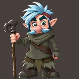 A mischievous, adventurous character reminiscent of a Dungeons and Dragons setting, with icy blue hair and big sideburns, appearing around 30 years old and with a rascal-like face