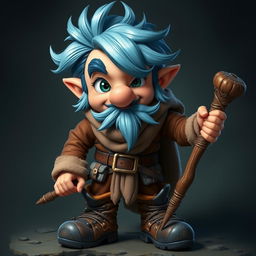 A mischievous, adventurous character reminiscent of a Dungeons and Dragons setting, with icy blue hair and big sideburns, appearing around 30 years old and with a rascal-like face