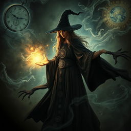 A witch engaged in time travel, enveloped in a mystical and dark atmosphere