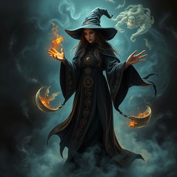 A witch engaged in time travel, enveloped in a mystical and dark atmosphere