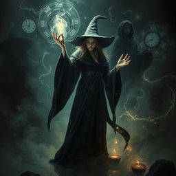 A witch engaged in time travel, enveloped in a mystical and dark atmosphere