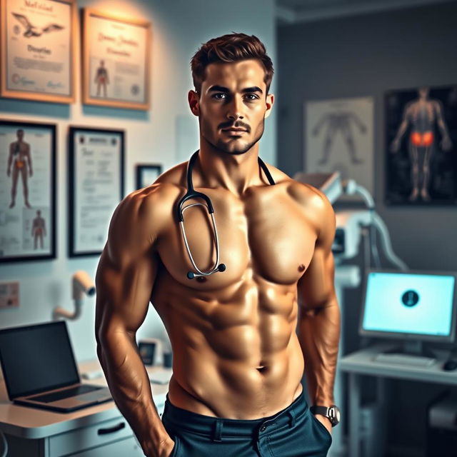 A shirtless male doctor with a well-built, muscular physique is standing confidently in his modern, well-equipped office