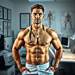 A shirtless male doctor with a well-built, muscular physique is standing confidently in his modern, well-equipped office