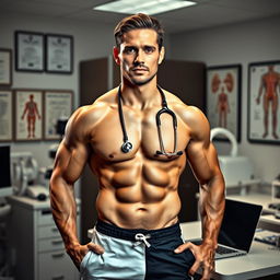 A shirtless male doctor with a well-built, muscular physique is standing confidently in his modern, well-equipped office