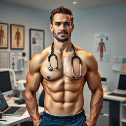 A shirtless male doctor with a well-built, muscular physique is standing confidently in his modern, well-equipped office