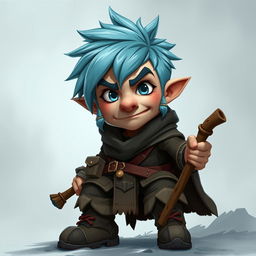 An epic Dungeons and Dragons-inspired short adventurer with striking icy blue hair and big sideburns, around 30 years old, showcasing a mischievous rascal-like face