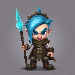 An epic Dungeons and Dragons-inspired short adventurer with striking icy blue hair and big sideburns, around 30 years old, showcasing a mischievous rascal-like face