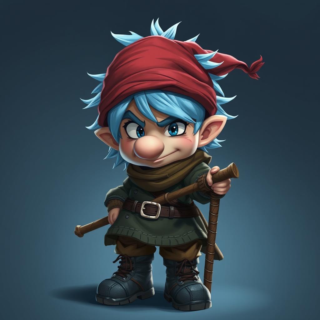 An epic Dungeons and Dragons-inspired short adventurer with striking icy blue hair and big sideburns, around 30 years old, showcasing a mischievous rascal-like face