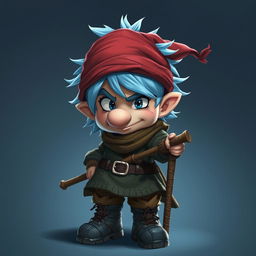 An epic Dungeons and Dragons-inspired short adventurer with striking icy blue hair and big sideburns, around 30 years old, showcasing a mischievous rascal-like face