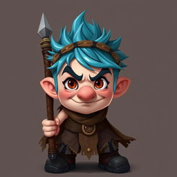 An epic Dungeons and Dragons-inspired short adventurer with striking icy blue hair and big sideburns, around 30 years old, showcasing a mischievous rascal-like face