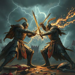 Two warriors locked in a fierce battle under a stormy sky, lightning crashing behind them