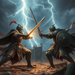 Two warriors locked in a fierce battle under a stormy sky, lightning crashing behind them