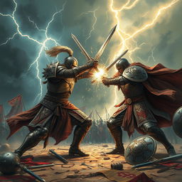 Two warriors locked in a fierce battle under a stormy sky, lightning crashing behind them