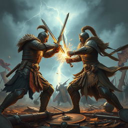 Two warriors locked in a fierce battle under a stormy sky, lightning crashing behind them