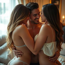 A passionately intimate scene featuring a bisexual threesome, portrayed with vivid emotions and sensual connection