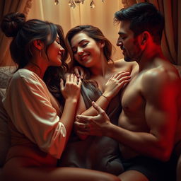 A passionately intimate scene featuring a bisexual threesome, portrayed with vivid emotions and sensual connection