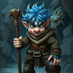 A realistic depiction of a Dungeons and Dragons adventurer, featuring striking blue ice hair and prominent big sideburns