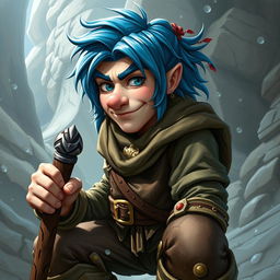 A realistic depiction of a Dungeons and Dragons adventurer, featuring striking blue ice hair and prominent big sideburns