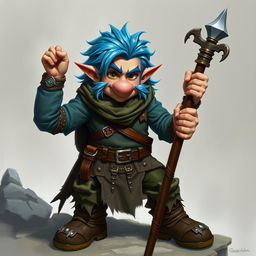 A realistic depiction of a Dungeons and Dragons adventurer, featuring striking blue ice hair and prominent big sideburns