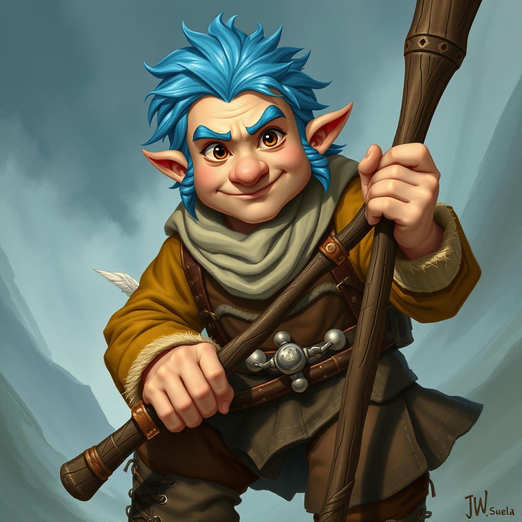 A realistic depiction of a Dungeons and Dragons adventurer, featuring striking blue ice hair and prominent big sideburns