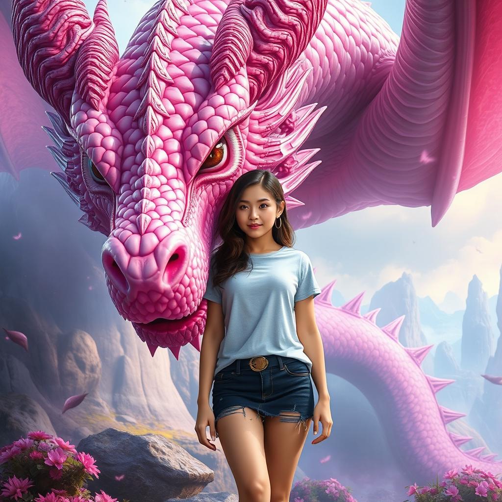 A young woman with brunette hair, wearing a stylish T-shirt and a fashionable mini-skirt, posing confidently beside the grand and majestic head of a pink dragon