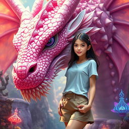 A young woman with brunette hair, wearing a stylish T-shirt and a fashionable mini-skirt, posing confidently beside the grand and majestic head of a pink dragon